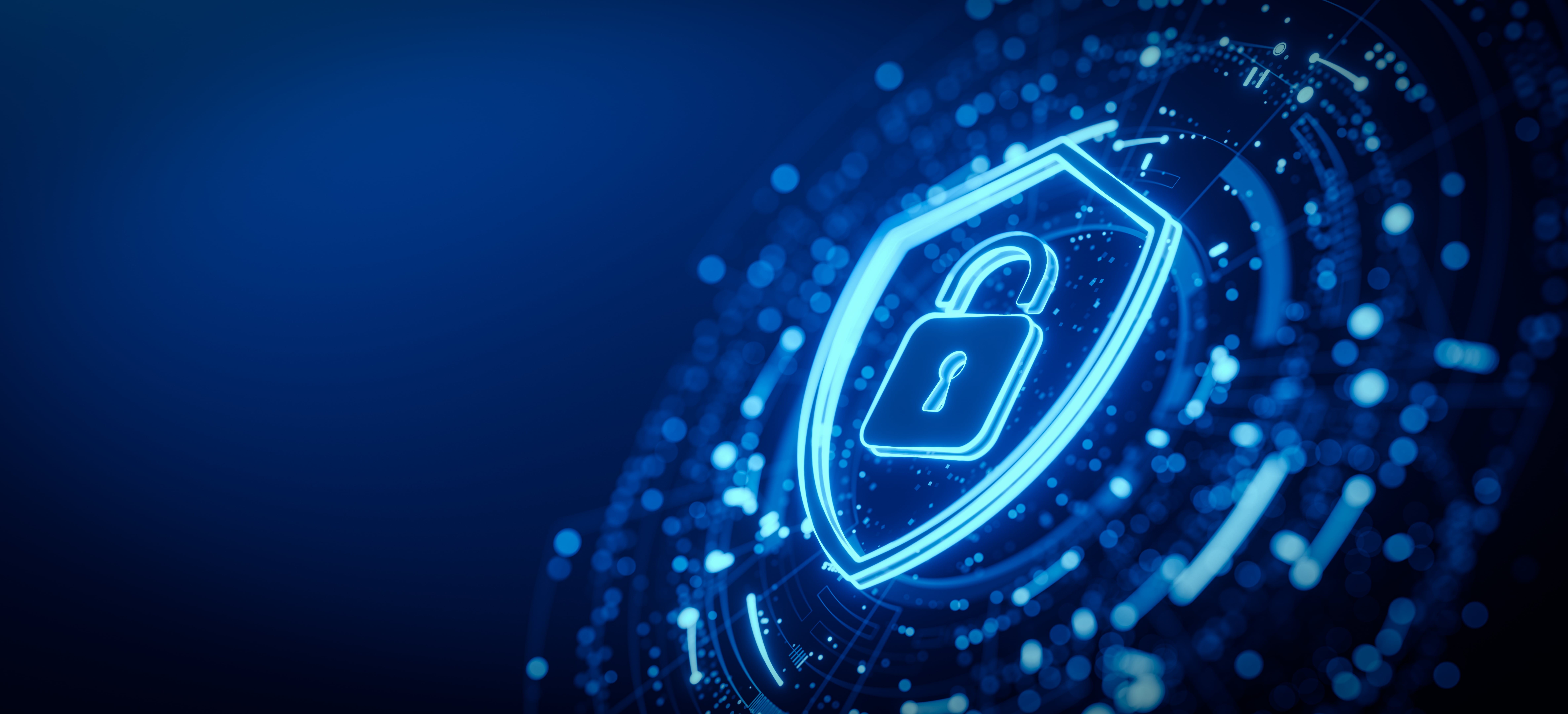 glowing blue padlock within a shield over circular patterns and abstract technological elements