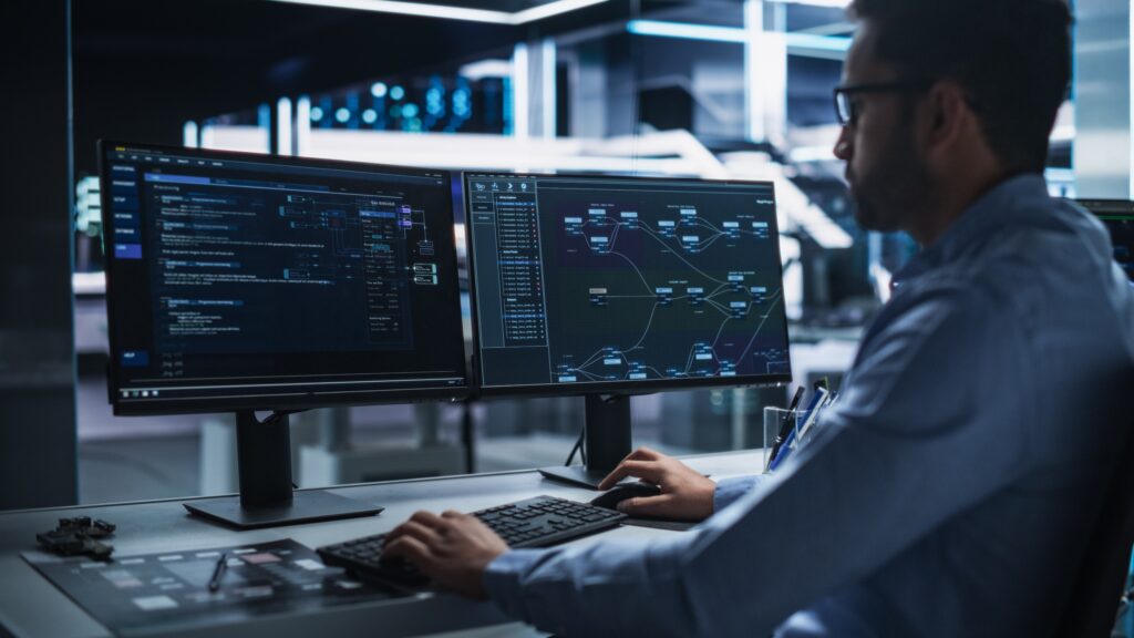 Cybersecurity specialist analyzing network data in a high-tech environment, representing outsourced security services and threat monitoring.