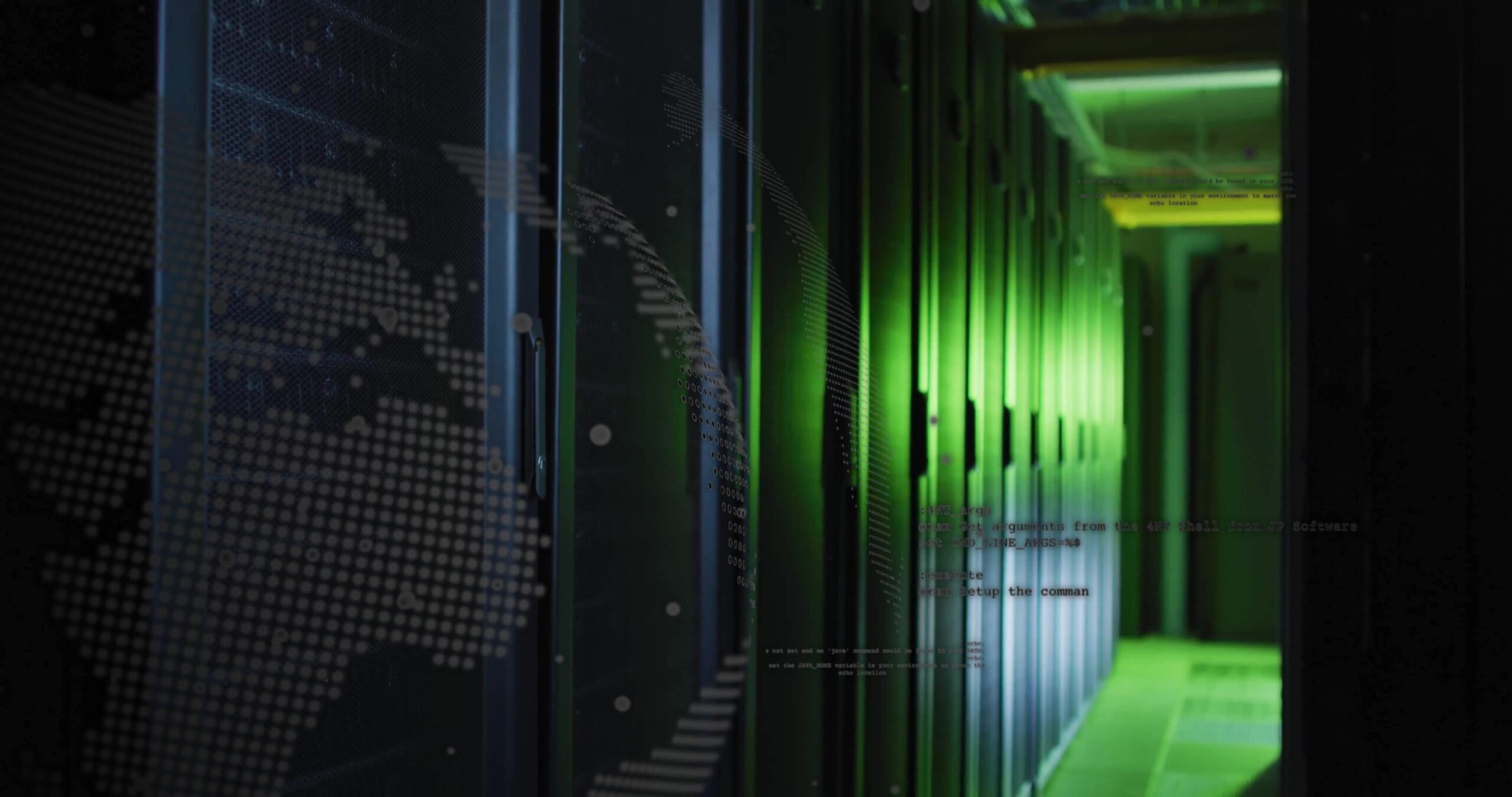 Dimly lit server room with rows of black cabinets illuminated by green light with a digital world map overlay