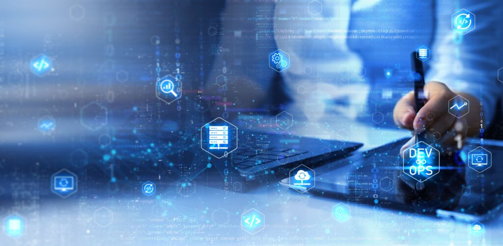 A person working on a laptop, surrounded by digital operations icons